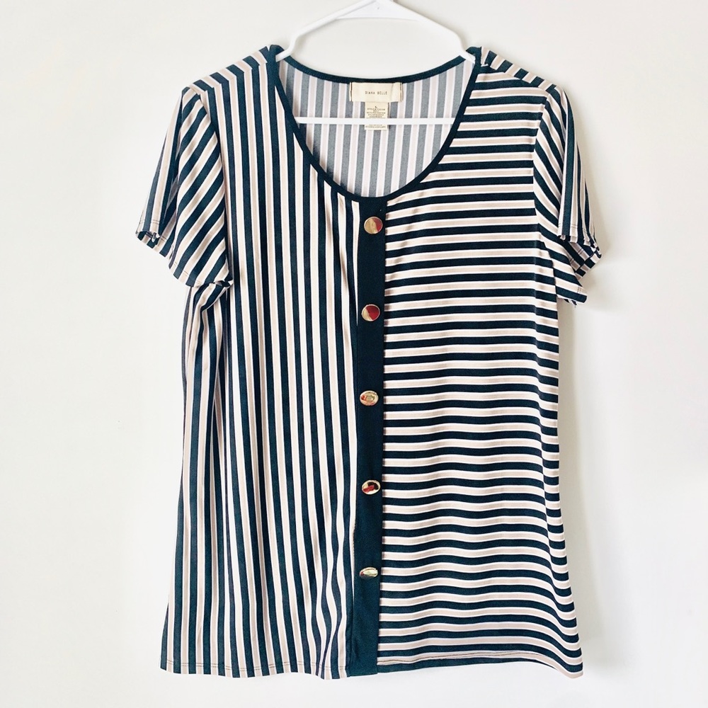 Black, White, And Tan Vertical Stripped Blouse